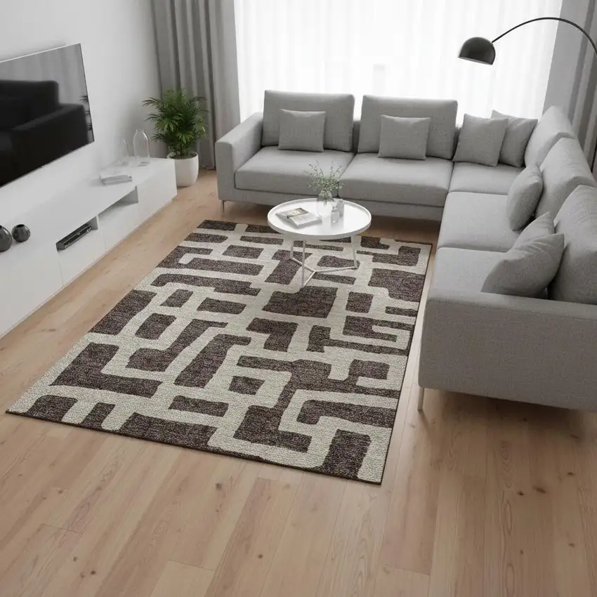 Chocolate And Beige Abstract Geometric Washable Area Rug With UV Protection Photo 2