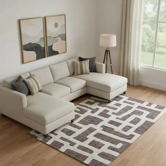 Chocolate And Beige Abstract Geometric Washable Area Rug With UV Protection Photo 1