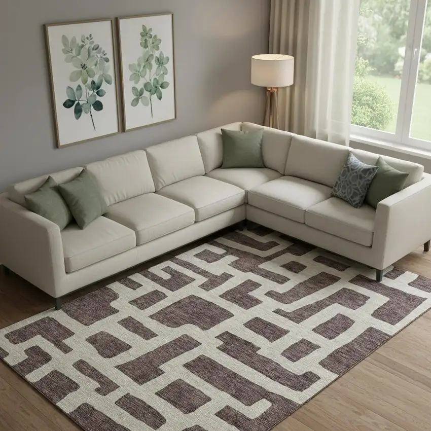 Chocolate And Beige Abstract Geometric Washable Area Rug With UV Protection Photo 1