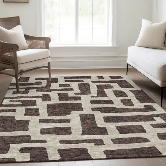 Chocolate And Beige Abstract Geometric Washable Area Rug With UV Protection Photo 6