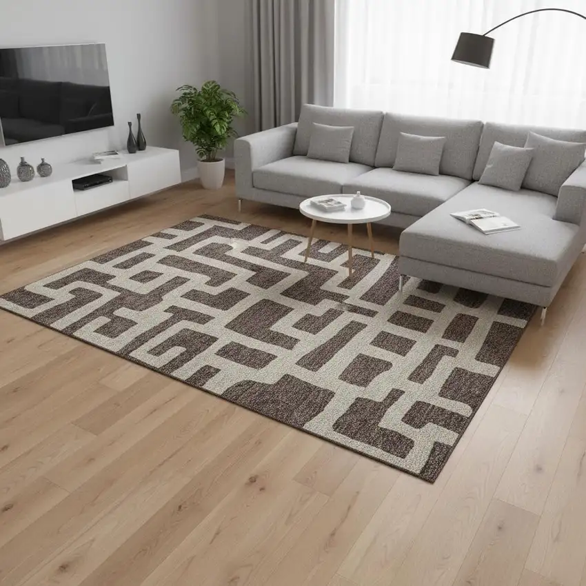 Chocolate And Beige Abstract Geometric Washable Area Rug With UV Protection Photo 2