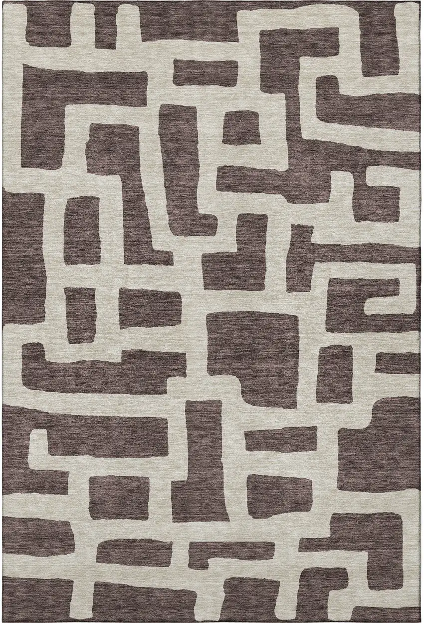 Chocolate And Beige Abstract Geometric Washable Area Rug With UV Protection Photo 4