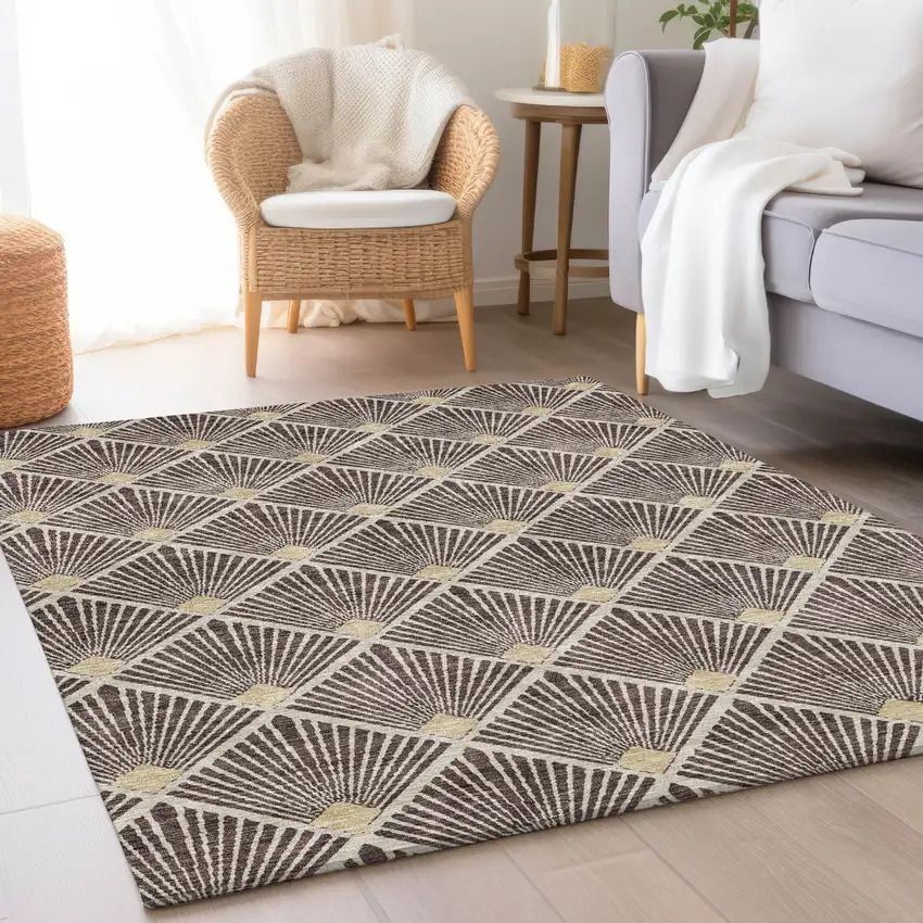 Chocolate And Beige Abstract Geometric Washable Area Rug With UV Protection Photo 5