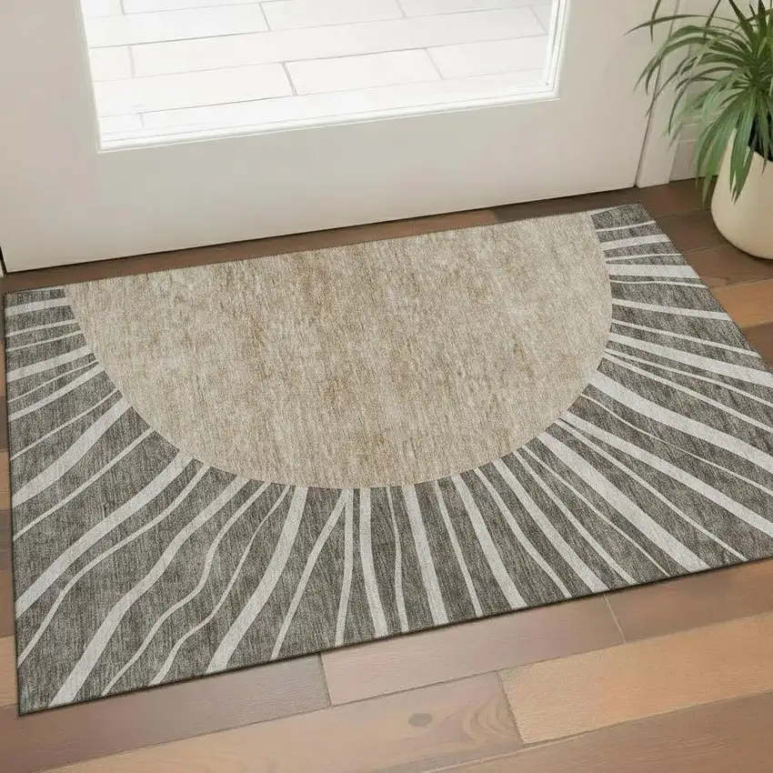 Chocolate And Beige Abstract Washable Area Rug With UV Protection Photo 1
