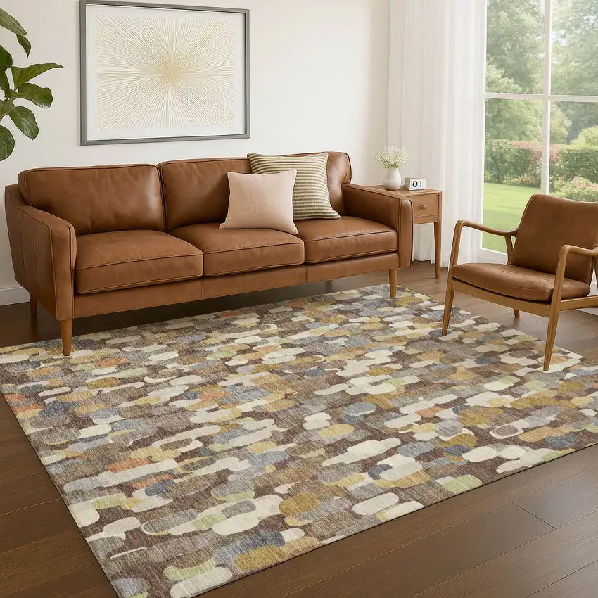 Chocolate And Beige Abstract Washable Indoor Outdoor Area Rug Photo 5