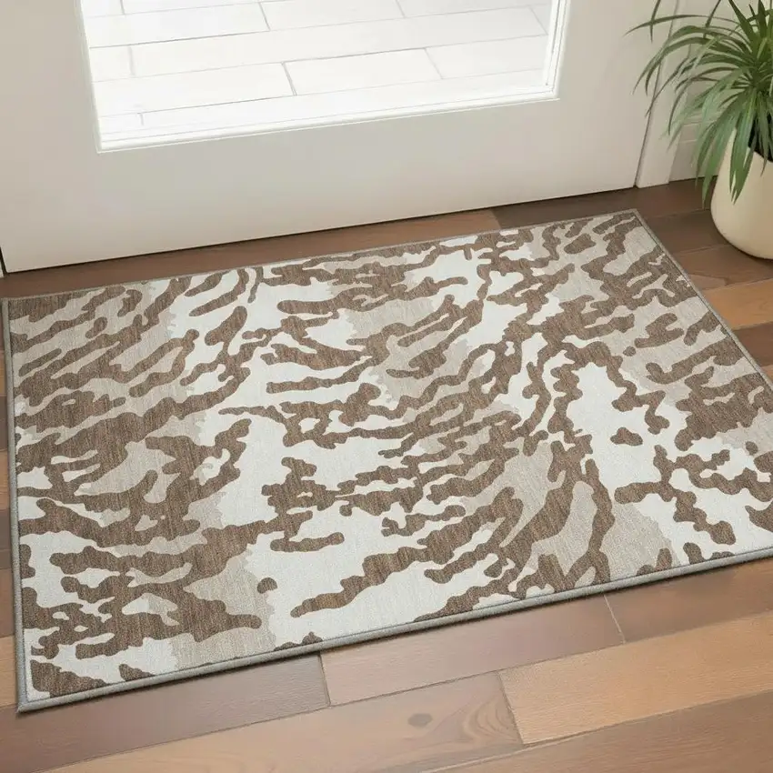 Chocolate And Beige Animal Print Washable Area Rug With UV Protection Photo 2