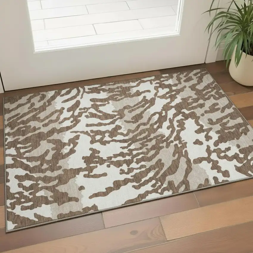 Chocolate And Beige Animal Print Washable Area Rug With UV Protection Photo 1
