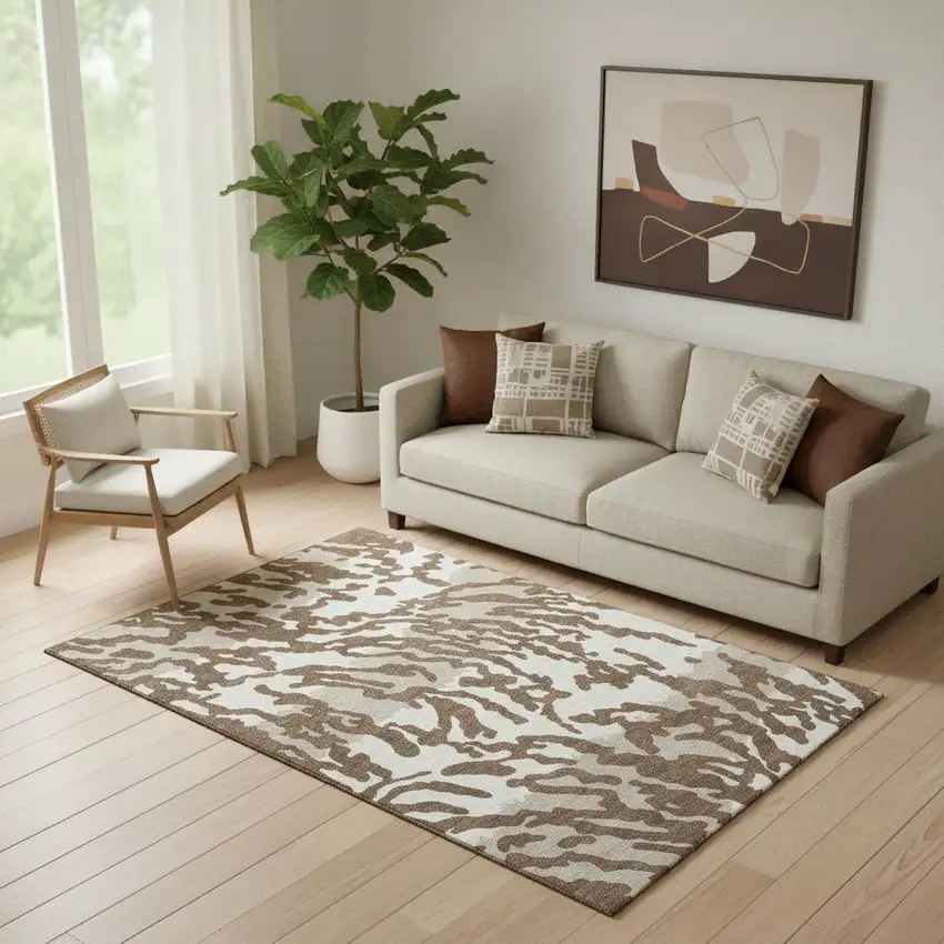 Chocolate And Beige Animal Print Washable Area Rug With UV Protection Photo 1