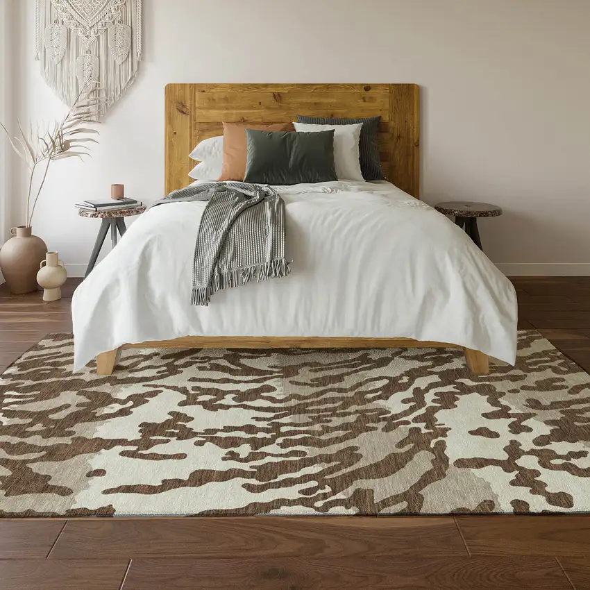 Chocolate And Beige Animal Print Washable Area Rug With UV Protection Photo 6