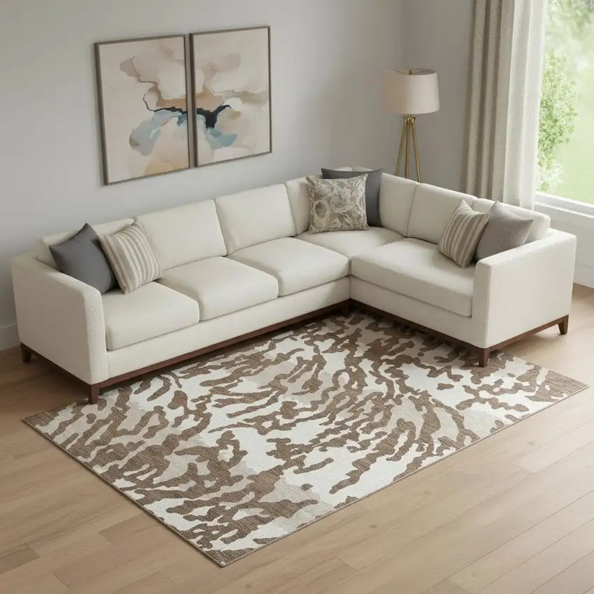 Chocolate And Beige Animal Print Washable Area Rug With UV Protection Photo 1