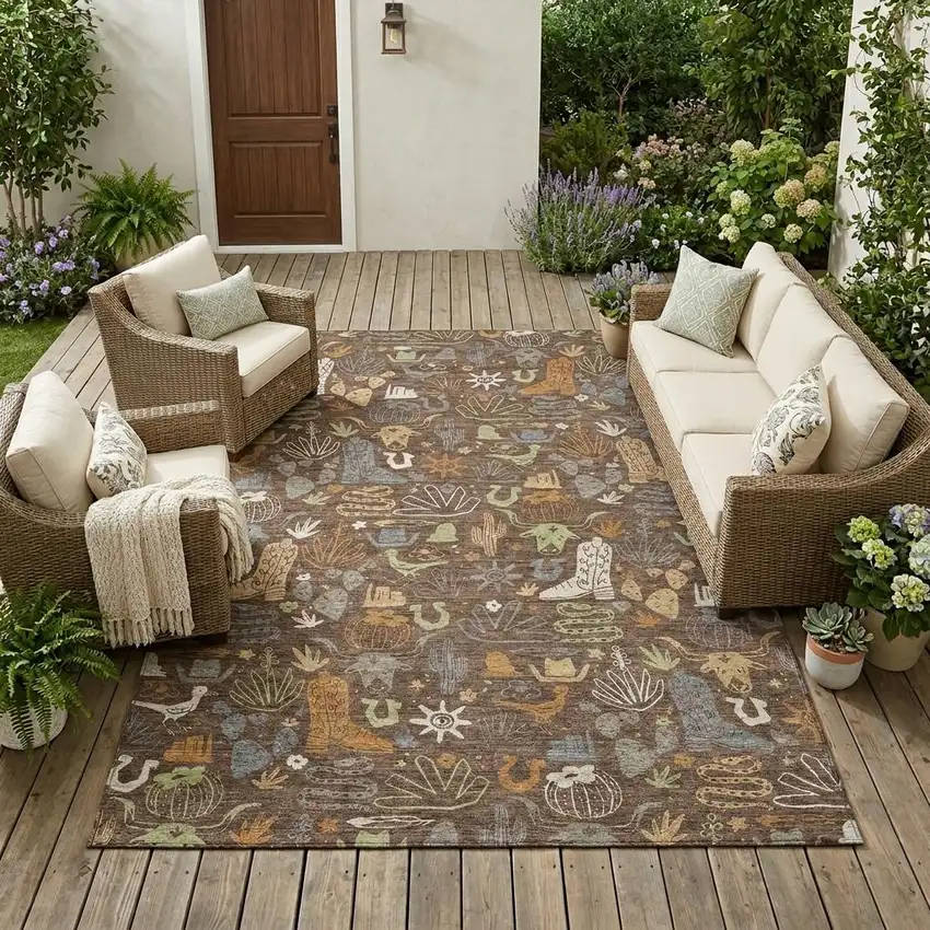 Chocolate And Beige Cactus Washable Indoor Outdoor Area Rug Photo 1