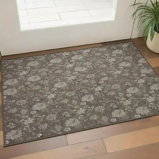 Chocolate And Beige Floral Washable Area Rug With UV Protection Photo 1