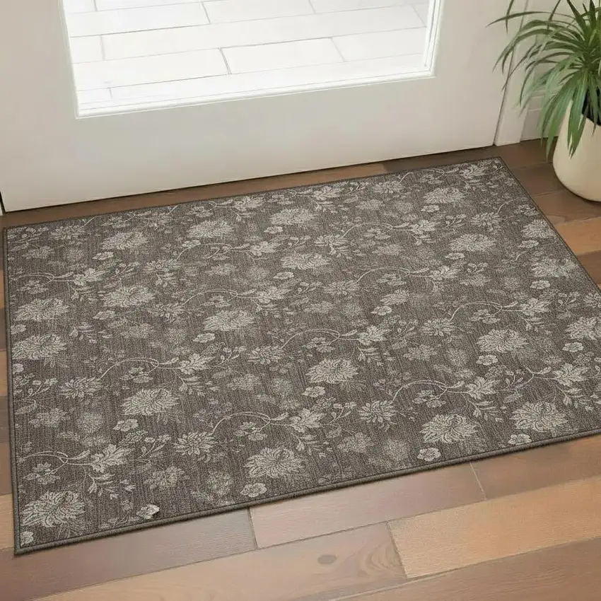Chocolate And Beige Floral Washable Area Rug With UV Protection Photo 1