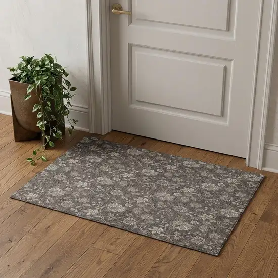 Chocolate And Beige Floral Washable Area Rug With UV Protection Photo 1