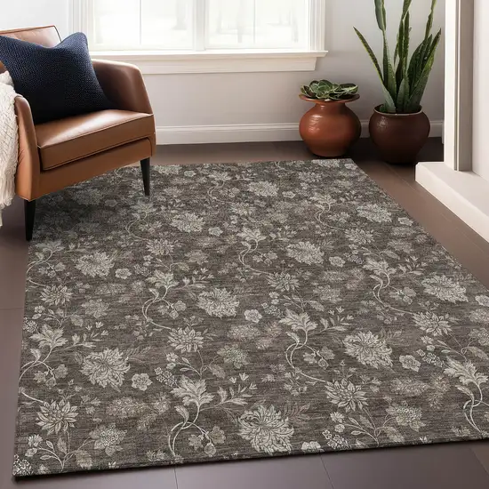 Chocolate And Beige Floral Washable Area Rug With UV Protection Photo 4