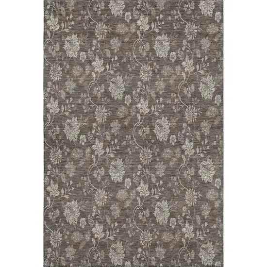 Chocolate And Beige Floral Washable Area Rug With UV Protection Photo 1
