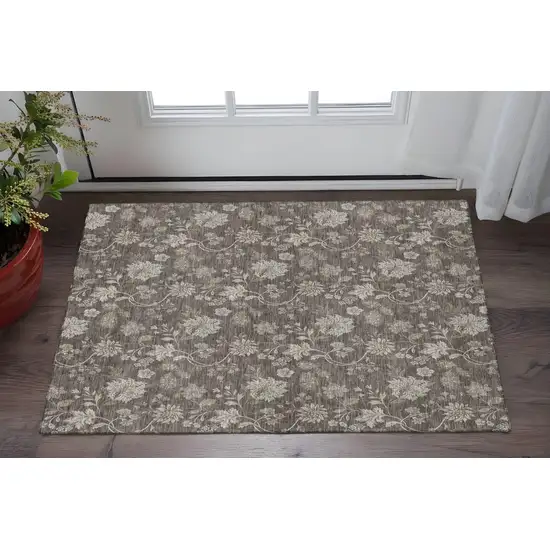Chocolate And Beige Floral Washable Area Rug With UV Protection Photo 2