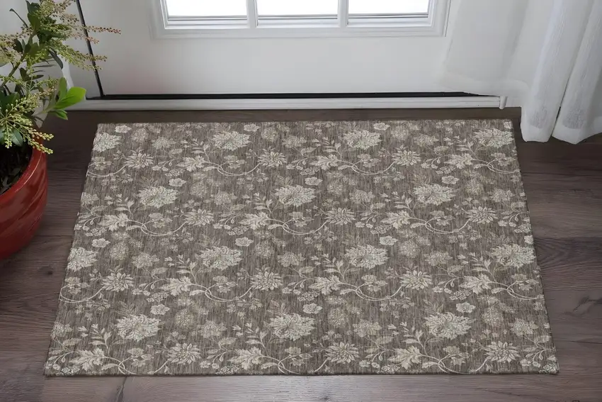 Chocolate And Beige Floral Washable Area Rug With UV Protection Photo 2