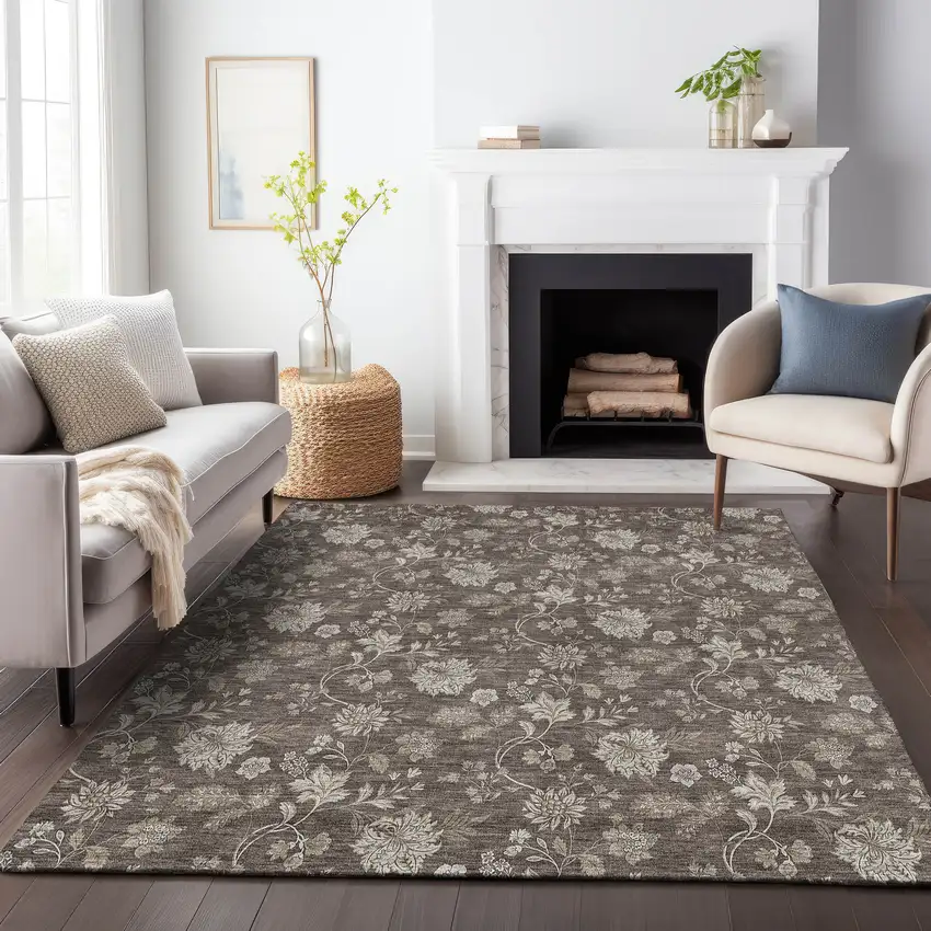 Chocolate And Beige Floral Washable Area Rug With UV Protection Photo 3