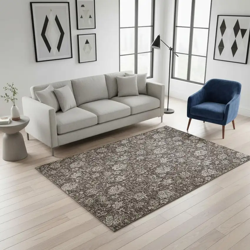 Chocolate And Beige Floral Washable Area Rug With UV Protection Photo 3