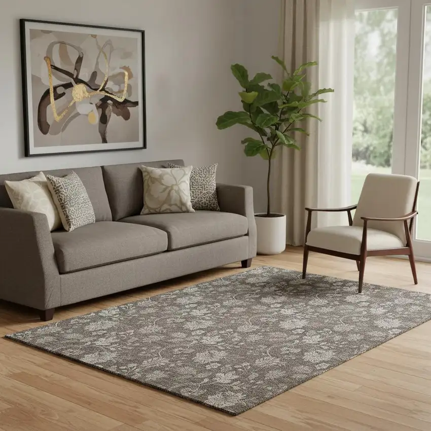 Chocolate And Beige Floral Washable Area Rug With UV Protection Photo 1