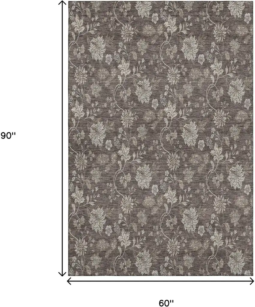 Chocolate And Beige Floral Washable Area Rug With UV Protection Photo 4
