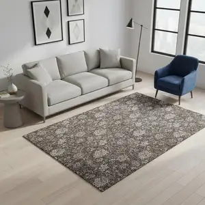 Photo of Chocolate And Beige Floral Washable Area Rug With UV Protection