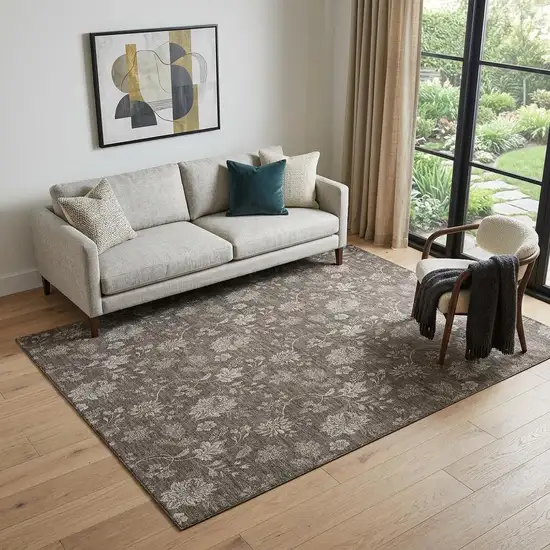 Chocolate And Beige Floral Washable Area Rug With UV Protection Photo 1