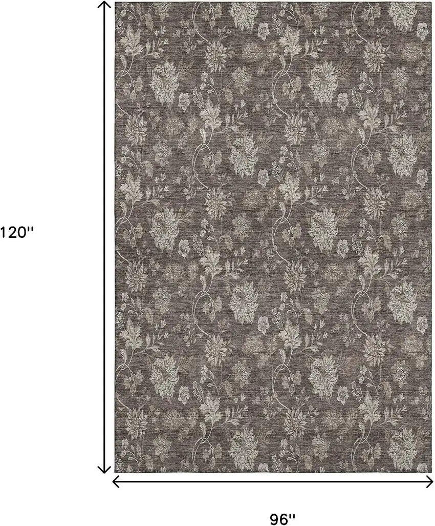 Chocolate And Beige Floral Washable Area Rug With UV Protection Photo 4