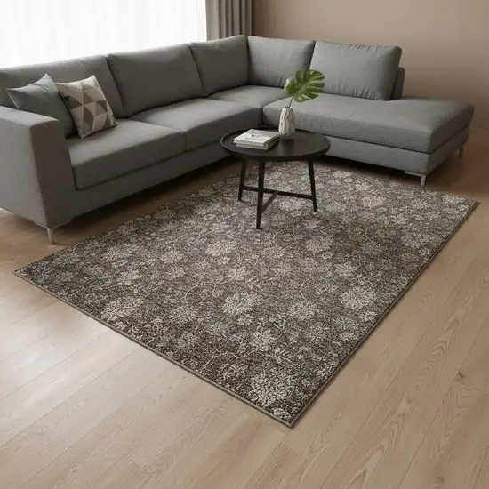 Chocolate And Beige Floral Washable Area Rug With UV Protection Photo 1