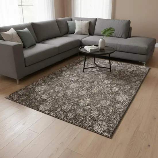 Chocolate And Beige Floral Washable Area Rug With UV Protection Photo 3