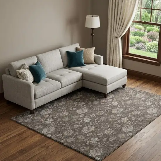 Chocolate And Beige Floral Washable Area Rug With UV Protection Photo 1