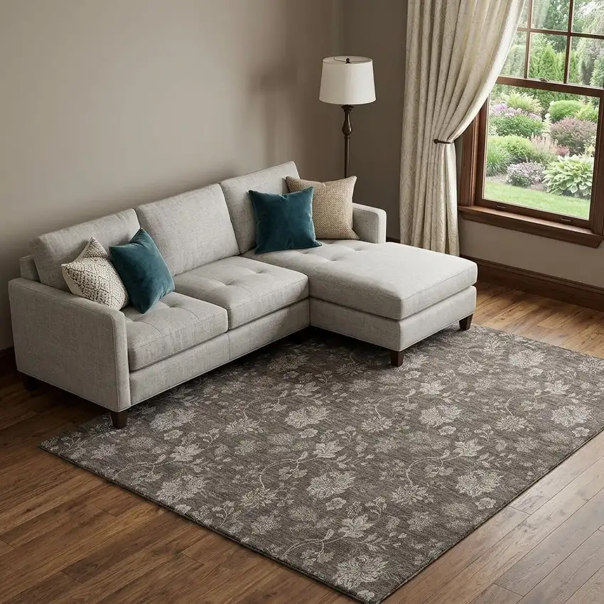 Chocolate And Beige Floral Washable Area Rug With UV Protection Photo 1