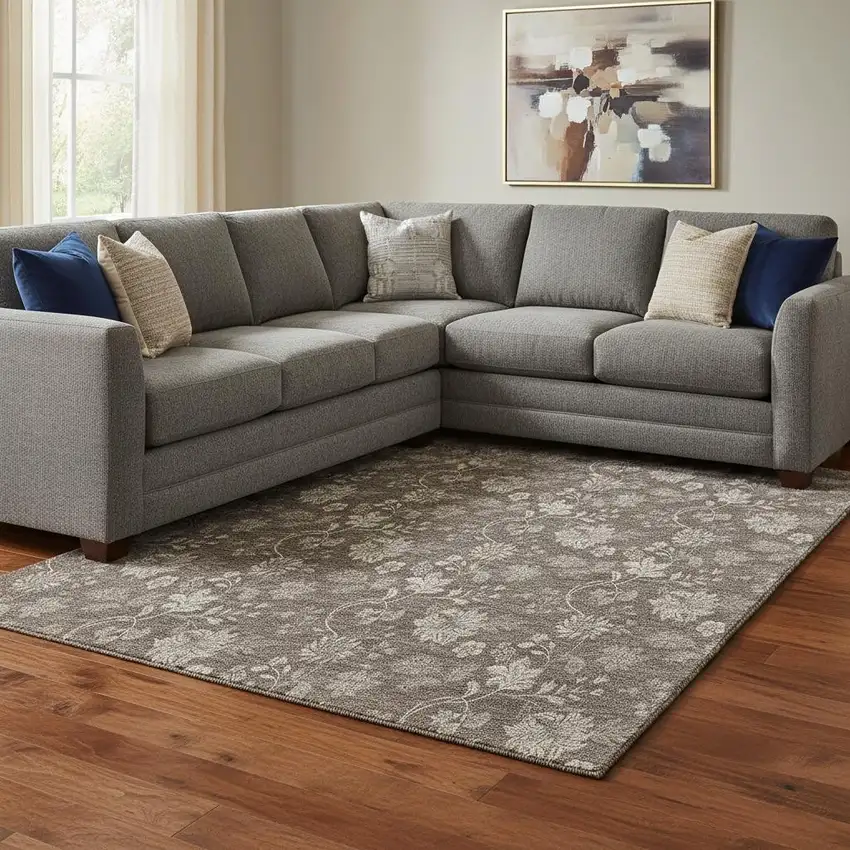 Chocolate And Beige Floral Washable Area Rug With UV Protection Photo 1