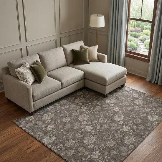 Chocolate And Beige Floral Washable Area Rug With UV Protection Photo 1