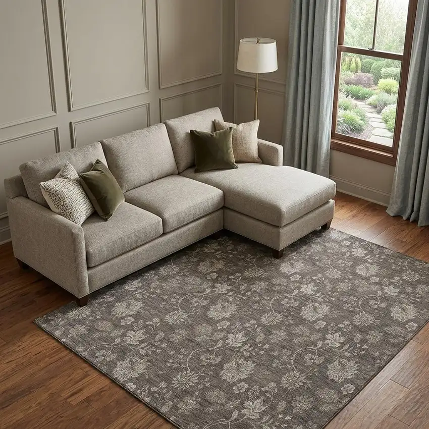 Chocolate And Beige Floral Washable Area Rug With UV Protection Photo 1