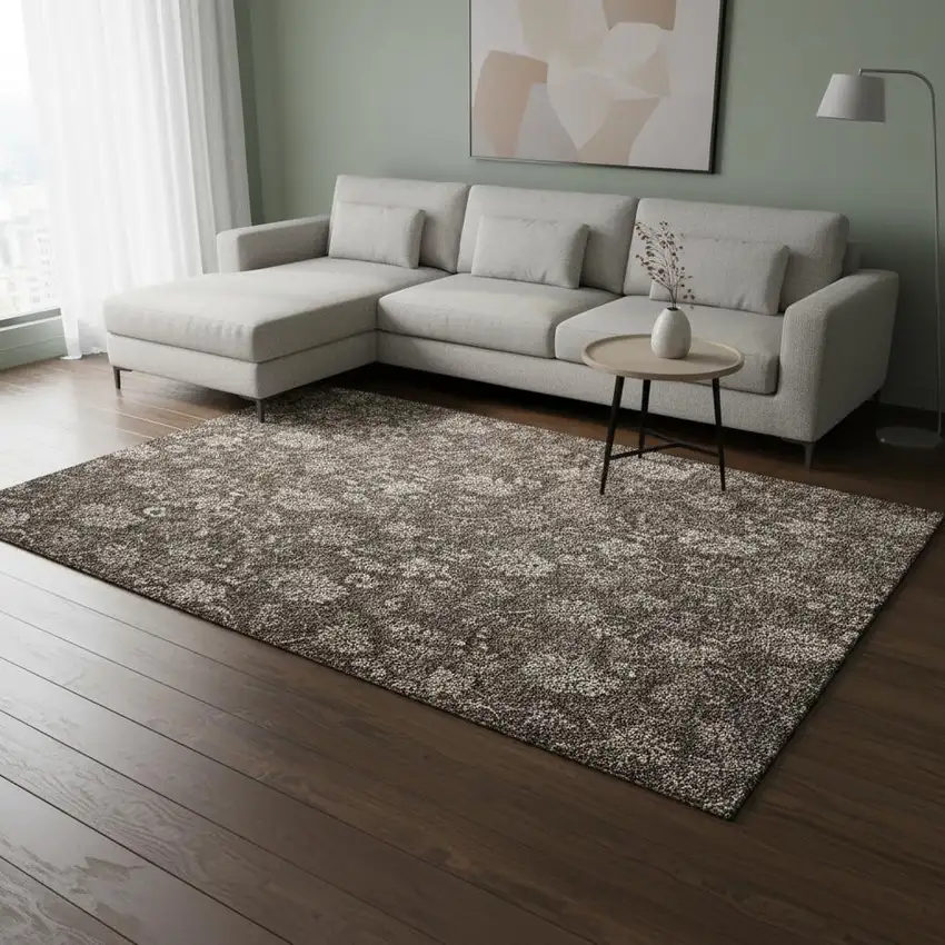 Chocolate And Beige Floral Washable Area Rug With UV Protection Photo 3