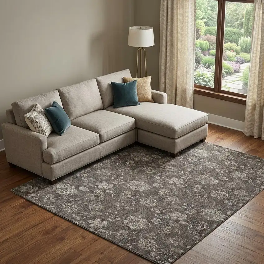 Chocolate And Beige Floral Washable Area Rug With UV Protection Photo 1