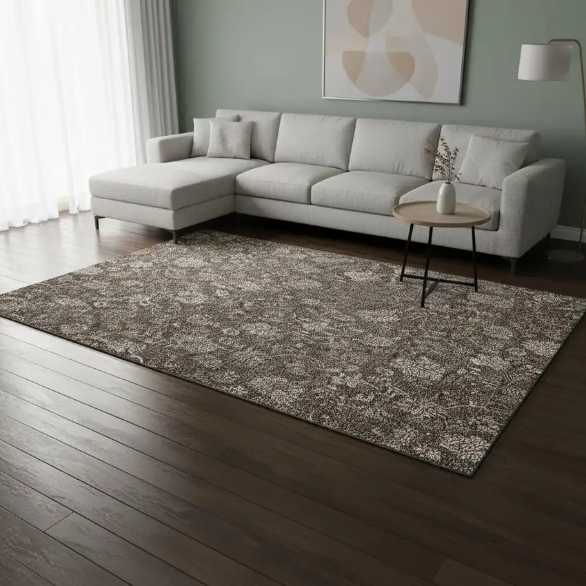Chocolate And Beige Floral Washable Area Rug With UV Protection Photo 3