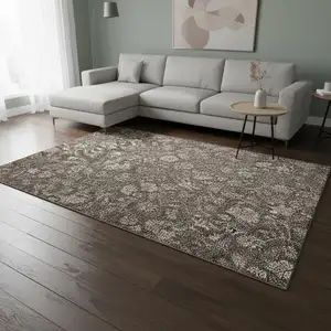 Photo of Chocolate And Beige Floral Washable Area Rug With UV Protection