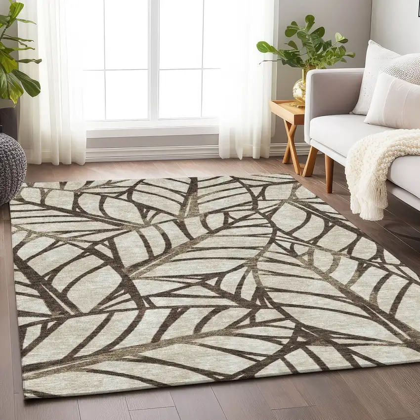 Chocolate And Beige Floral Washable Area Rug With UV Protection Photo 5