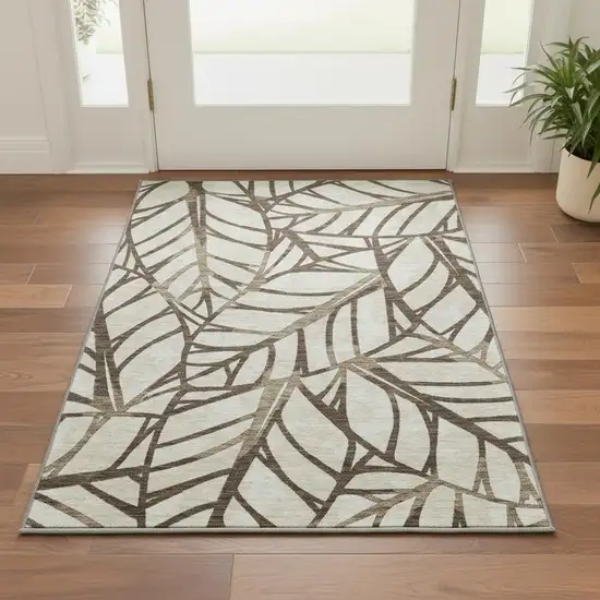 Chocolate And Beige Floral Washable Area Rug With UV Protection Photo 2