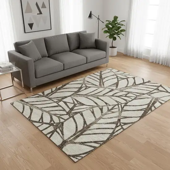 Chocolate And Beige Floral Washable Area Rug With UV Protection Photo 2