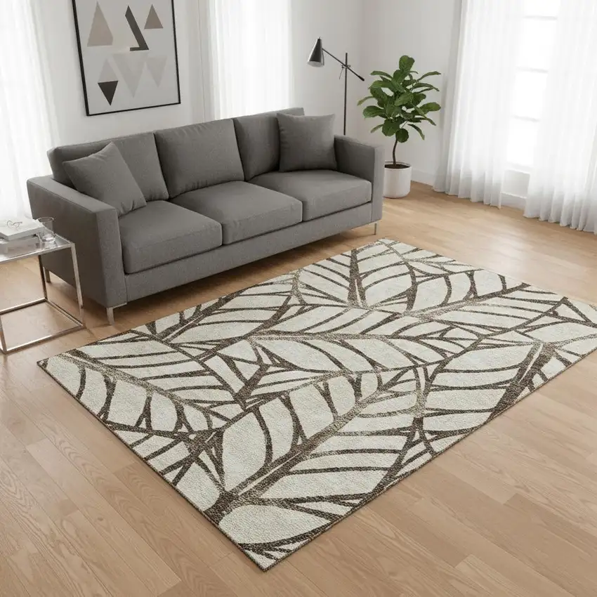 Chocolate And Beige Floral Washable Area Rug With UV Protection Photo 2