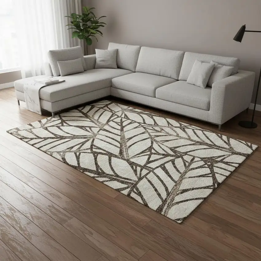 Chocolate And Beige Floral Washable Area Rug With UV Protection Photo 2