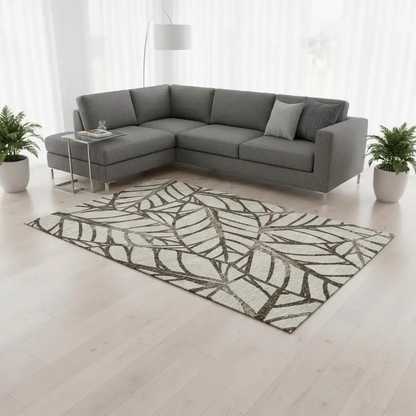 Chocolate And Beige Floral Washable Area Rug With UV Protection Photo 2