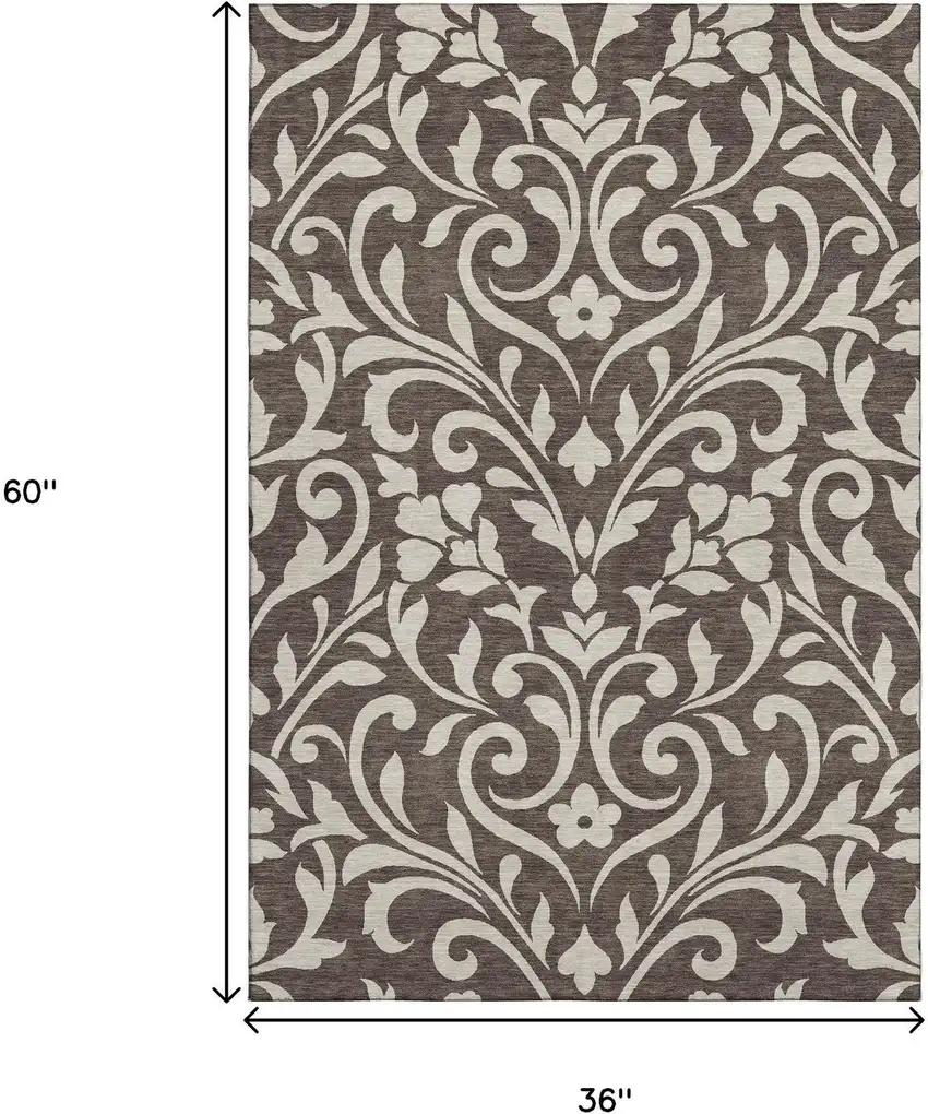 Chocolate And Beige Floral Washable Area Rug With UV Protection Photo 3