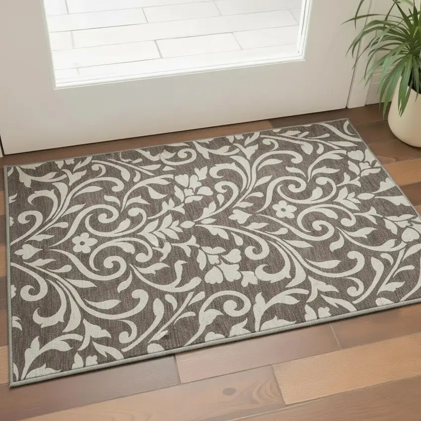 Chocolate And Beige Floral Washable Area Rug With UV Protection Photo 2