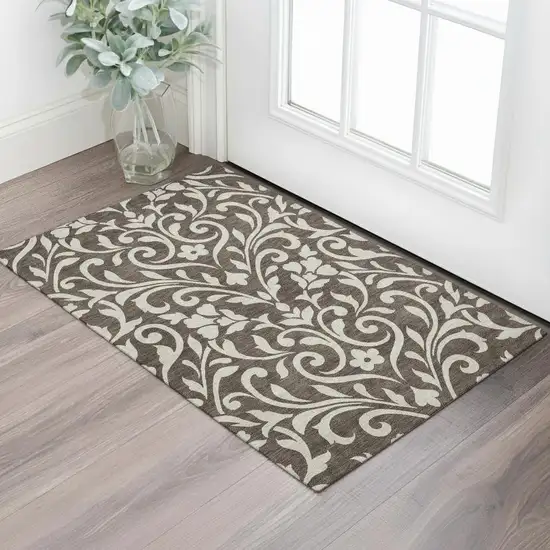 Chocolate And Beige Floral Washable Area Rug With UV Protection Photo 1