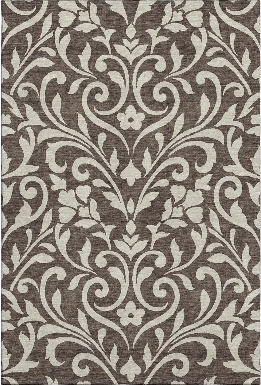 Chocolate And Beige Floral Washable Area Rug With UV Protection Photo 1